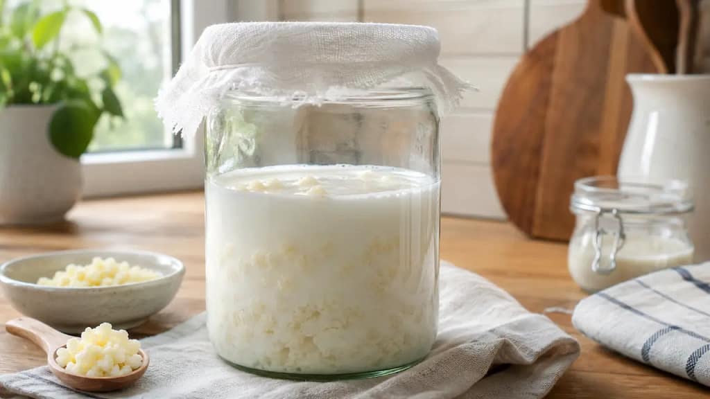 domaći kefir u tegli tokom fermentacije sa mlekom i kefirnim zrncima