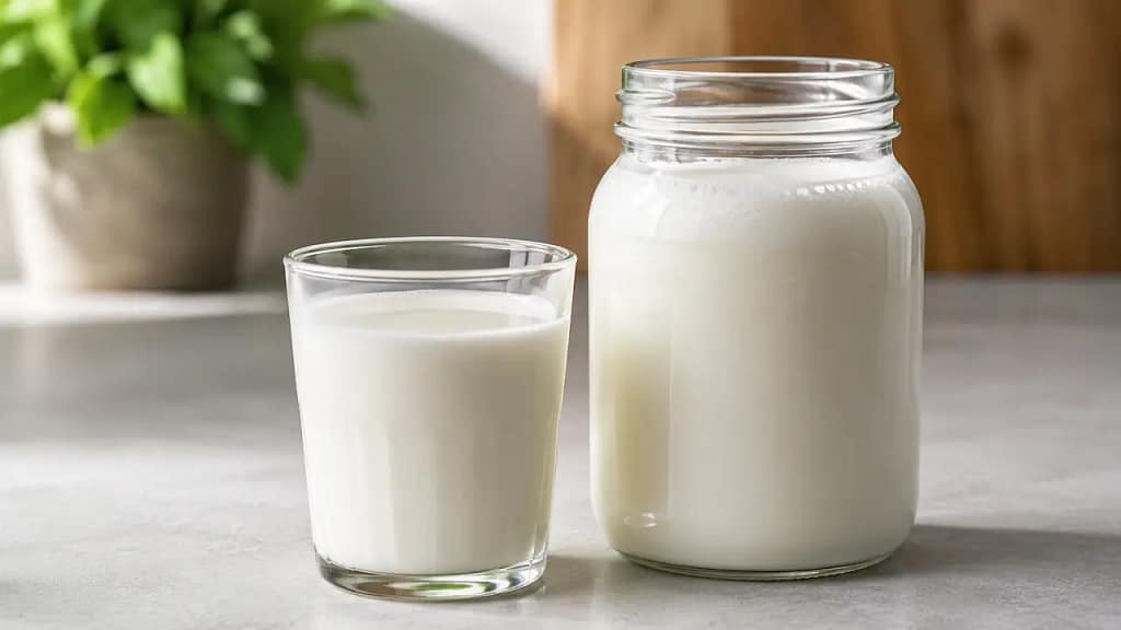 gotov domaći kefir u čaši pored staklene tegle