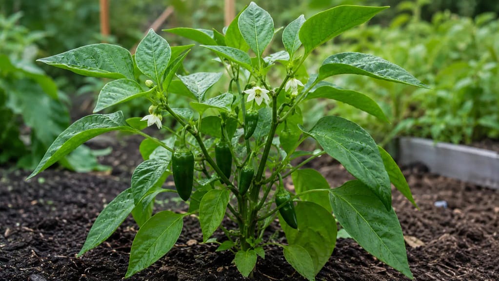 Zdrava paprika posle pravilnog zalivanja sa zelenim listovima, cvetovima i mladim plodovima