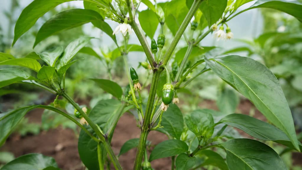 Zdrava paprika sa zametnutim mladim plodovima u bašti