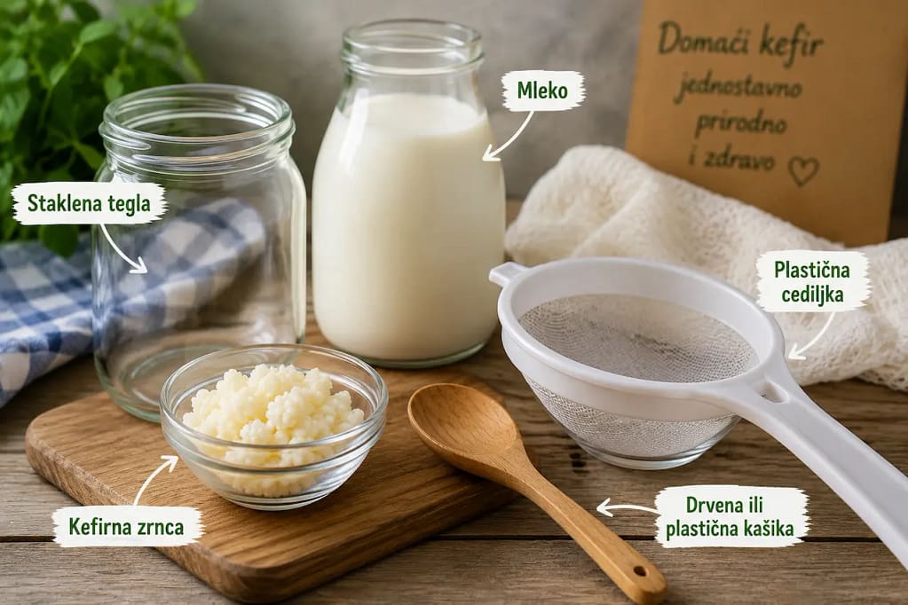 oprema za domaći kefir - tegla, mleko, kefirna zrnca, cediljka i kašika