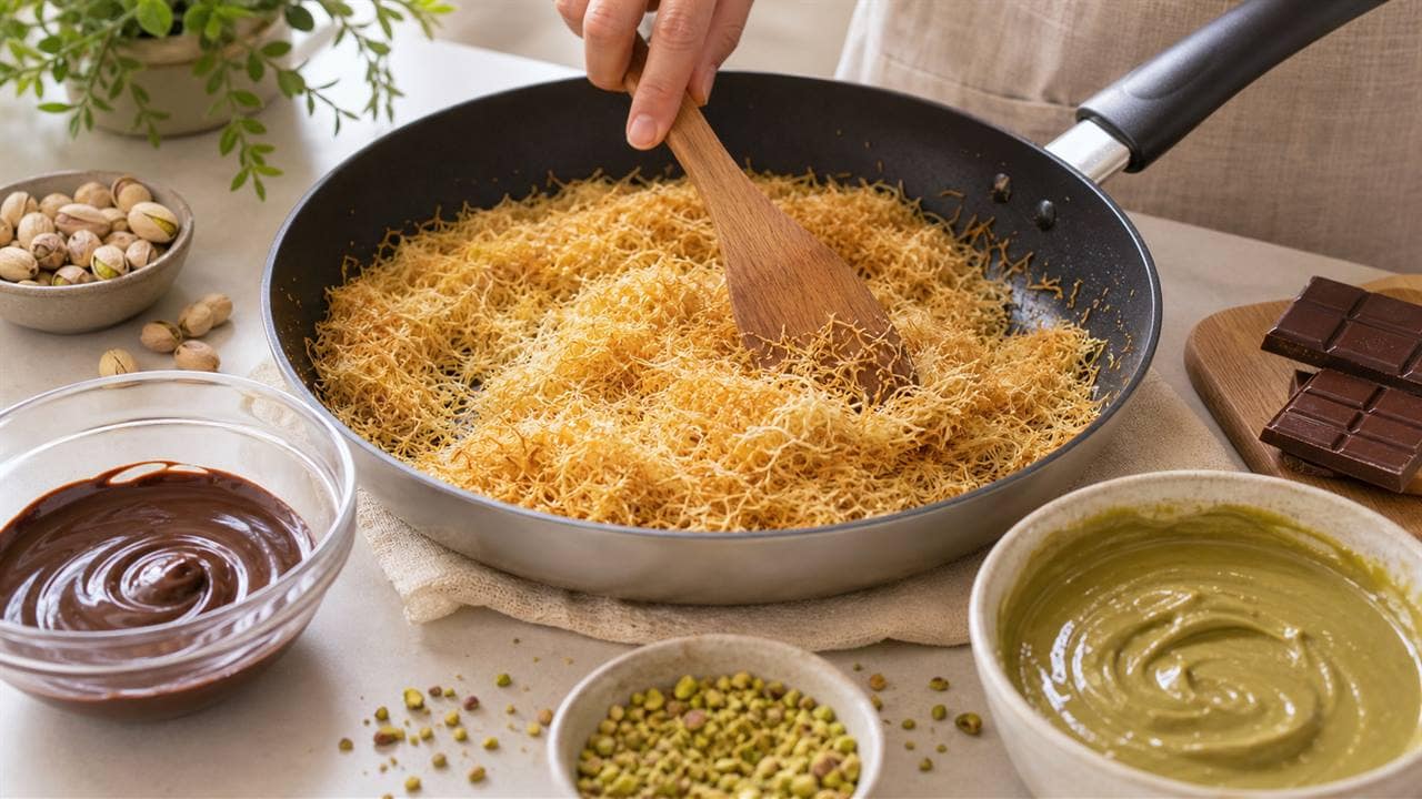Tostiranje kadaifa za Dubai čokoladu u tiganju